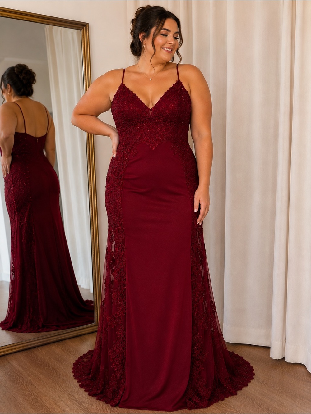Plus Size V-Neck Lace Burgundy Prom/Bridesmaid Dress